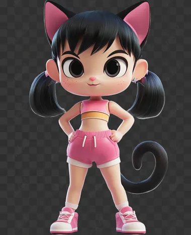A cute little cat-girl toy wearing pinky sports shorts, black hair, short tail, character design sheet. inspired by the art style of 3D cartoon 'Toy Story.' Transparent background. The characters should have expressive faces and exaggerated features, with a mix of textures and materials that give them a lifelike yet fantastical appearance. The overall mood should be fun, adventurous, and full of wonder, capturing the magic and charm of the beloved 'Toy Story' series.