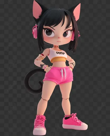 A cute little cat-girl toy wearing pinky sports shorts, black hair, short tail, character design sheet. inspired by the art style of 3D cartoon 'Toy Story.' Transparent background. The characters should have expressive faces and exaggerated features, with a mix of textures and materials that give them a lifelike yet fantastical appearance. The overall mood should be fun, adventurous, and full of wonder, capturing the magic and charm of the beloved 'Toy Story' series.