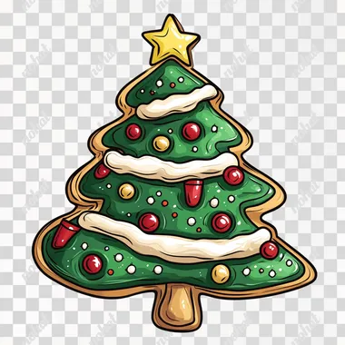 cartoon illustration of vintage Christmas tree cookie, white background