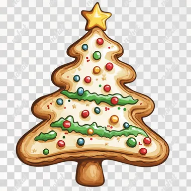 cartoon illustration of vintage Christmas tree cookie, white background
