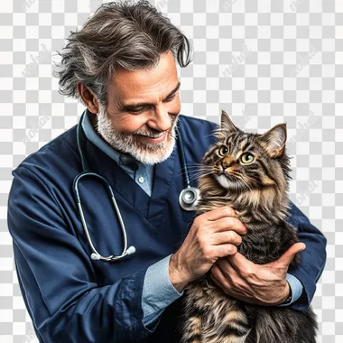 A male veterinarian in dark blue coat examining a persian cat, smiling and showing care, clean white background, sharp and detailed, realistic proportions, no visual distortions, professional lighting.