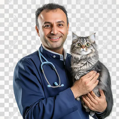 A male veterinarian in dark blue coat examining a persian cat, smiling and showing care, clean white background, sharp and detailed, realistic proportions, no visual distortions, professional lighting.