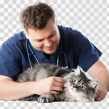 A male veterinarian in dark blue coat examining a persian cat, smiling and showing care, clean white background, sharp and detailed, realistic proportions, no visual distortions, professional lighting.