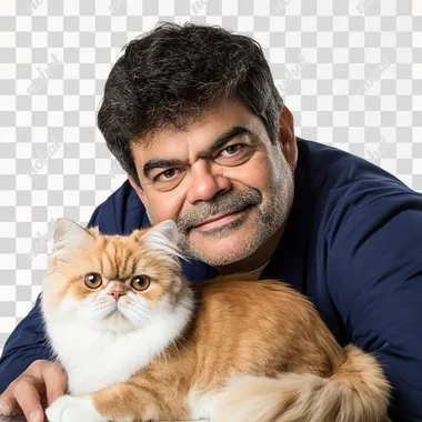 A male veterinarian in dark blue coat examining a persian cat, smiling and showing care, clean white background, sharp and detailed, realistic proportions, no visual distortions, professional lighting.