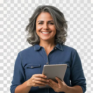 happy 45 year old brazilian woman with an ipad in her hand dark blue shirt he owns a store white background studio photo.