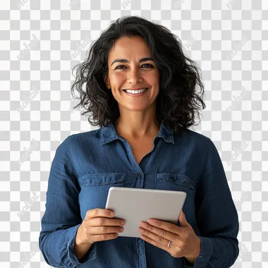 happy 45 year old brazilian woman with an ipad in her hand dark blue shirt he owns a store white background studio photo.
