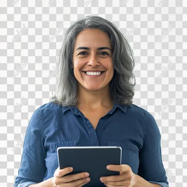 happy 45 year old brazilian woman with an ipad in her hand dark blue shirt he owns a store white background studio photo.