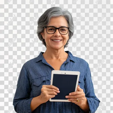 happy 45 year old brazilian woman with an ipad in her hand dark blue shirt he owns a store white background studio photo.
