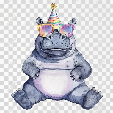 watercolor full-body hippo sitting clip art, colorful sunglasses, rainbow lenses, birthday hat, in the style of whimsical storytelling, storybook illustration minimal, graphic illustration, matte colors, 2d flat, vector, transparent background  --s 50