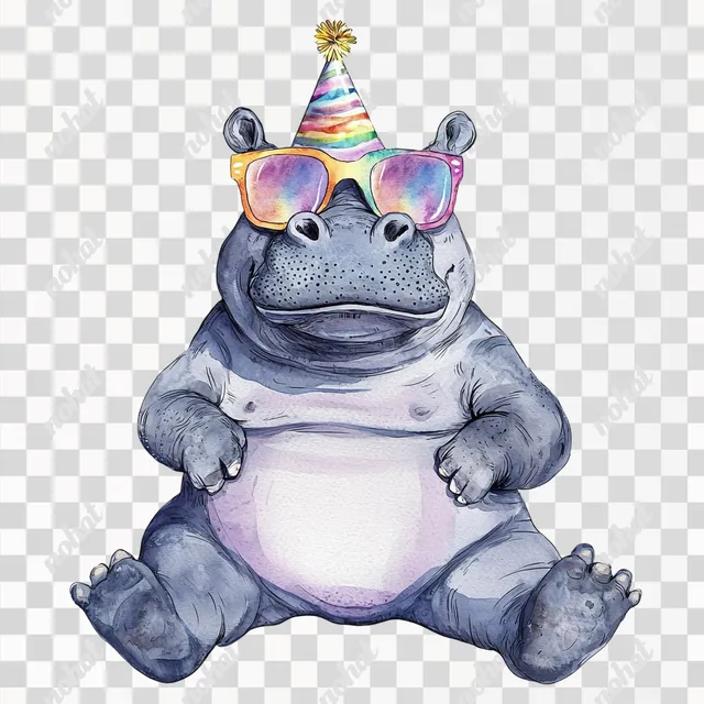 PNG Hippo in Party Hat and Sunglasses: Whimsical Watercolor Illustration