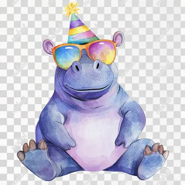 watercolor full-body hippo sitting clip art, colorful sunglasses, rainbow lenses, birthday hat, in the style of whimsical storytelling, storybook illustration minimal, graphic illustration, matte colors, 2d flat, vector, transparent background  --s 50
