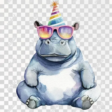watercolor full-body hippo sitting clip art, colorful sunglasses, rainbow lenses, birthday hat, in the style of whimsical storytelling, storybook illustration minimal, graphic illustration, matte colors, 2d flat, vector, transparent background  --s 50
