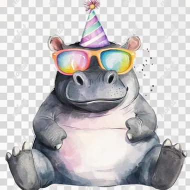 watercolor full-body hippo sitting clip art, colorful sunglasses, rainbow lenses, birthday hat, in the style of whimsical storytelling, storybook illustration minimal, graphic illustration, matte colors, 2d flat, vector, transparent background  --s 50