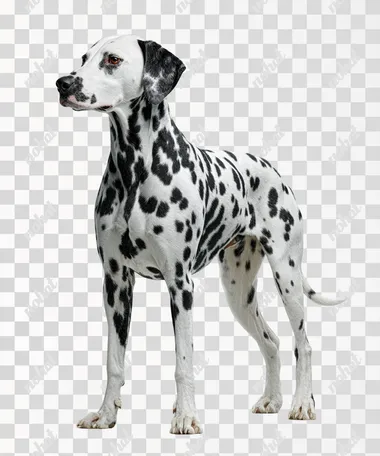 A hyper-realistic side profile of a Dalmatian dog standing tall in an elegant pose. The dogs sleek white coat is covered with sharply defined black spots, its posture graceful and poised with its head slightly raised, legs aligned, and tail gently curved. The ears are relaxed, and the expression is calm and noble. The lighting is soft and even, casting minimal shadows. The background is pure white, seamless and studio-like, with no distractions. Full-body view, sharp focus, clean composition, ultra-detailed fur, 8K clarity. Studio lighting, Hasselblad X2D quality photography.