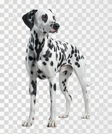 A hyper-realistic side profile of a Dalmatian dog standing tall in an elegant pose. The dogs sleek white coat is covered with sharply defined black spots, its posture graceful and poised with its head slightly raised, legs aligned, and tail gently curved. The ears are relaxed, and the expression is calm and noble. The lighting is soft and even, casting minimal shadows. The background is pure white, seamless and studio-like, with no distractions. Full-body view, sharp focus, clean composition, ultra-detailed fur, 8K clarity. Studio lighting, Hasselblad X2D quality photography.
