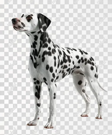 A hyper-realistic side profile of a Dalmatian dog standing tall in an elegant pose. The dogs sleek white coat is covered with sharply defined black spots, its posture graceful and poised with its head slightly raised, legs aligned, and tail gently curved. The ears are relaxed, and the expression is calm and noble. The lighting is soft and even, casting minimal shadows. The background is pure white, seamless and studio-like, with no distractions. Full-body view, sharp focus, clean composition, ultra-detailed fur, 8K clarity. Studio lighting, Hasselblad X2D quality photography.