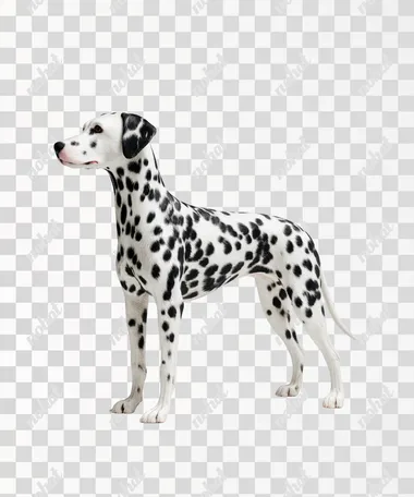 A hyper-realistic side profile of a Dalmatian dog standing tall in an elegant pose. The dogs sleek white coat is covered with sharply defined black spots, its posture graceful and poised with its head slightly raised, legs aligned, and tail gently curved. The ears are relaxed, and the expression is calm and noble. The lighting is soft and even, casting minimal shadows. The background is pure white, seamless and studio-like, with no distractions. Full-body view, sharp focus, clean composition, ultra-detailed fur, 8K clarity. Studio lighting, Hasselblad X2D quality photography.