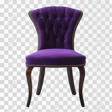 a purple upholstered chair that could be used for dinner. Place on a white background.
