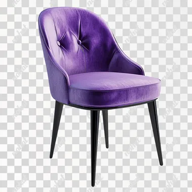 a purple upholstered chair that could be used for dinner. Place on a white background.