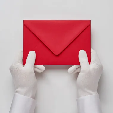 Two hands wearing white silk gloves holding an big red envelope, white background, top View