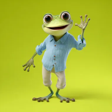 3D Disney stylized full-body frog humanoid, simple button-up shirt and rolled sleeves, waving cheerfully, solid lime green background, Blender Cycles, DEV
