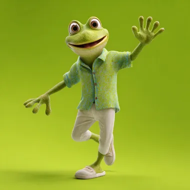 3D Disney stylized full-body frog humanoid, simple button-up shirt and rolled sleeves, waving cheerfully, solid lime green background, Blender Cycles, DEV