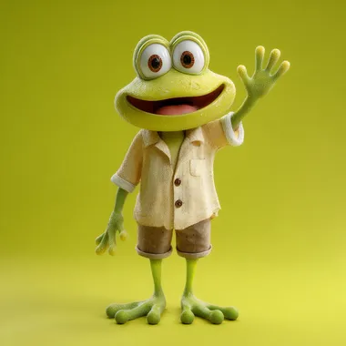 3D Disney stylized full-body frog humanoid, simple button-up shirt and rolled sleeves, waving cheerfully, solid lime green background, Blender Cycles, DEV