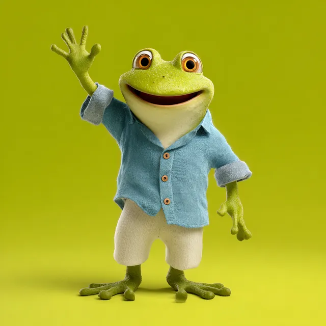 Cheerful Humanoid Frog Character in a Blue Shirt
