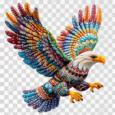 Mexican Art Deco style, bright and colorful colors, majestic eagle This eagle is decorated with patterns and designs. The patterns are evenly painted, the colors are rich and harmonious, the white background, the surface is smooth, the texture of porcelain and glossy plastic, the patterns are full of symmetry and intricate details, the colors are bright and colorful, and the overall style is warm, lively, complex and harmonious.