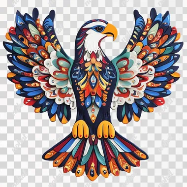 Mexican Art Deco style, bright and colorful colors, majestic eagle This eagle is decorated with patterns and designs. The patterns are evenly painted, the colors are rich and harmonious, the white background, the surface is smooth, the texture of porcelain and glossy plastic, the patterns are full of symmetry and intricate details, the colors are bright and colorful, and the overall style is warm, lively, complex and harmonious.