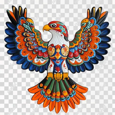 Mexican Art Deco style, bright and colorful colors, majestic eagle This eagle is decorated with patterns and designs. The patterns are evenly painted, the colors are rich and harmonious, the white background, the surface is smooth, the texture of porcelain and glossy plastic, the patterns are full of symmetry and intricate details, the colors are bright and colorful, and the overall style is warm, lively, complex and harmonious.