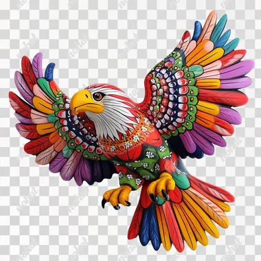 Mexican Art Deco style, bright and colorful colors, majestic eagle This eagle is decorated with patterns and designs. The patterns are evenly painted, the colors are rich and harmonious, the white background, the surface is smooth, the texture of porcelain and glossy plastic, the patterns are full of symmetry and intricate details, the colors are bright and colorful, and the overall style is warm, lively, complex and harmonious.