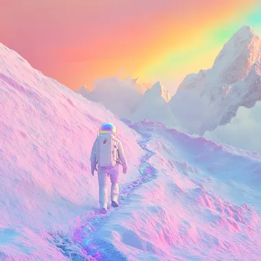 Astronaut explorer on an alien winter planet walking through a mountain trail, rainbow luminous snow