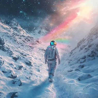Astronaut explorer on an alien winter planet walking through a mountain trail, rainbow luminous snow