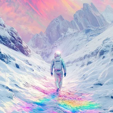 Astronaut explorer on an alien winter planet walking through a mountain trail, rainbow luminous snow
