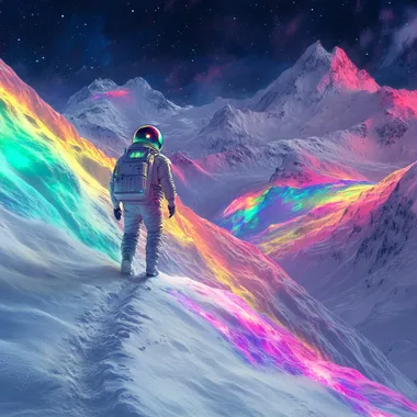 Astronaut explorer on an alien winter planet walking through a mountain trail, rainbow luminous snow