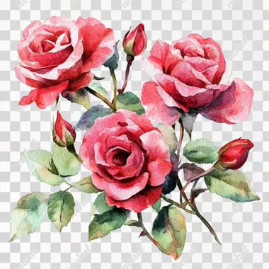 Watercolor roses, csokor, in shades of red and pink, png