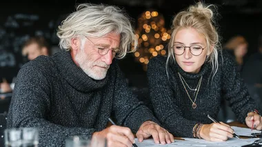 Elegant middle aged business man and young woman in glasses working together on project, reading documents at office desk. Businessman with gray hair looking focused while female png doing paper work during meeting