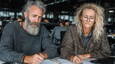 Elegant middle aged business man and young woman in glasses working together on project, reading documents at office desk. Businessman with gray hair looking focused while female png doing paper work during meeting