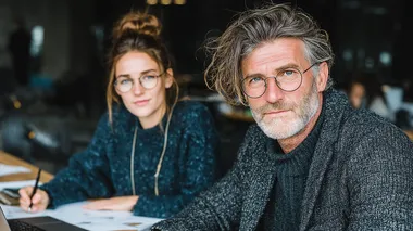 Elegant middle aged business man and young woman in glasses working together on project, reading documents at office desk. Businessman with gray hair looking focused while female png doing paper work during meeting
