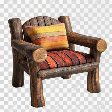 an old wooden chair made by hand from dark wood, colorful pillow , 3D render, reference for a computer game, on white background