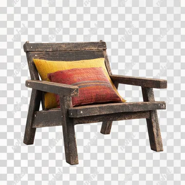 an old wooden chair made by hand from dark wood, colorful pillow , 3D render, reference for a computer game, on white background