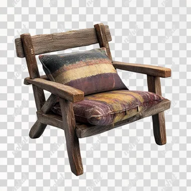 an old wooden chair made by hand from dark wood, colorful pillow , 3D render, reference for a computer game, on white background