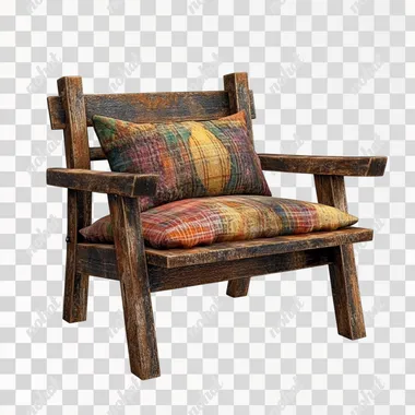 an old wooden chair made by hand from dark wood, colorful pillow , 3D render, reference for a computer game, on white background