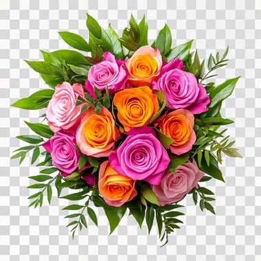 a boquet of hot pink and bright orange roses with some greenery mixed in. hot pink, bright orange, green leaves. isolated on a white background. AR 2:3