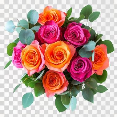 a boquet of hot pink and bright orange roses with some greenery mixed in. hot pink, bright orange, green leaves. isolated on a white background. AR 2:3