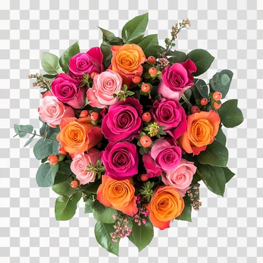 a boquet of hot pink and bright orange roses with some greenery mixed in. hot pink, bright orange, green leaves. isolated on a white background. AR 2:3