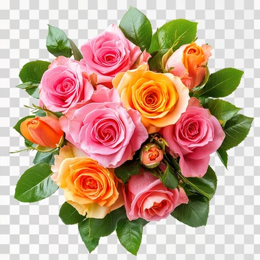 a boquet of hot pink and bright orange roses with some greenery mixed in. hot pink, bright orange, green leaves. isolated on a white background. AR 2:3