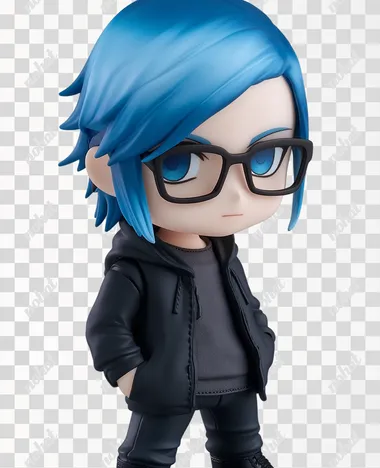 A vinyl chibi figurine of a blue eyed white 50 year old man. He is wearing a black hoodie layered over a charcoal gray button up shirt. He has a Skrillex hairstyle with medium length blue hair off to one side and shaved head on the other. He is wearing black rimmed glasses. The camera is on a quarter profile angle.   hair
