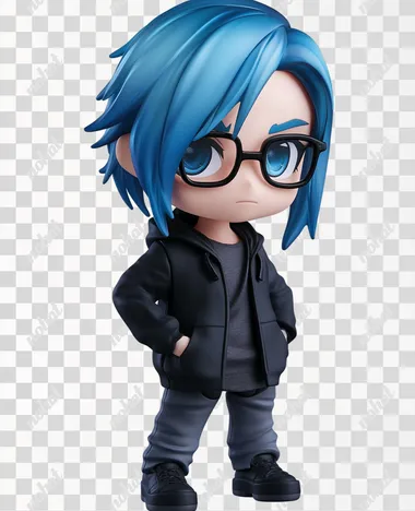 A vinyl chibi figurine of a blue eyed white 50 year old man. He is wearing a black hoodie layered over a charcoal gray button up shirt. He has a Skrillex hairstyle with medium length blue hair off to one side and shaved head on the other. He is wearing black rimmed glasses. The camera is on a quarter profile angle.   hair